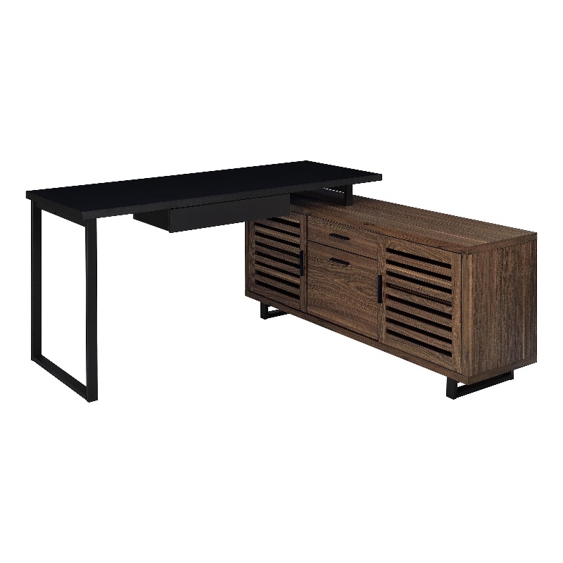Doxx L Shape Computer Desk- 2 Doors Drawers Black Metal- Walnut Wood