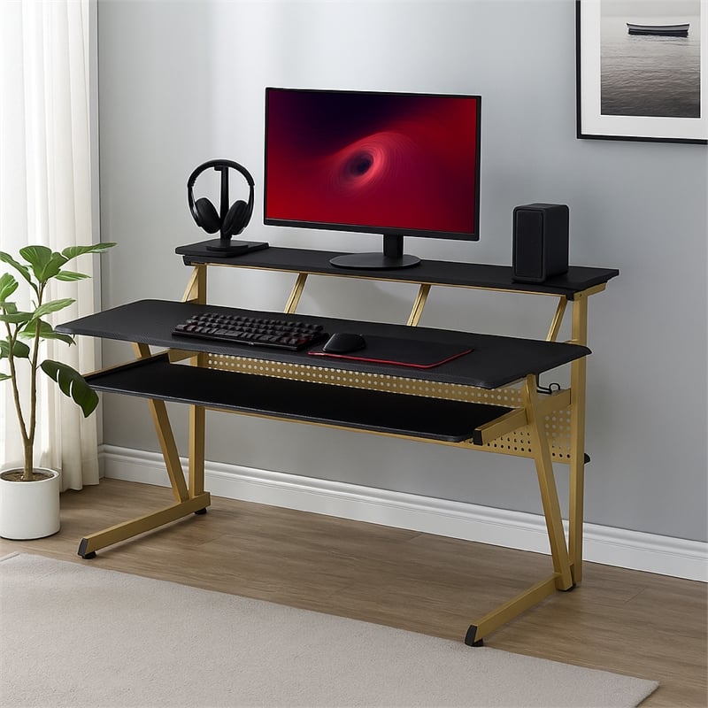 Vion 71 Inch Music Producer Desk for Computer- Black- 3 Tier Shelves