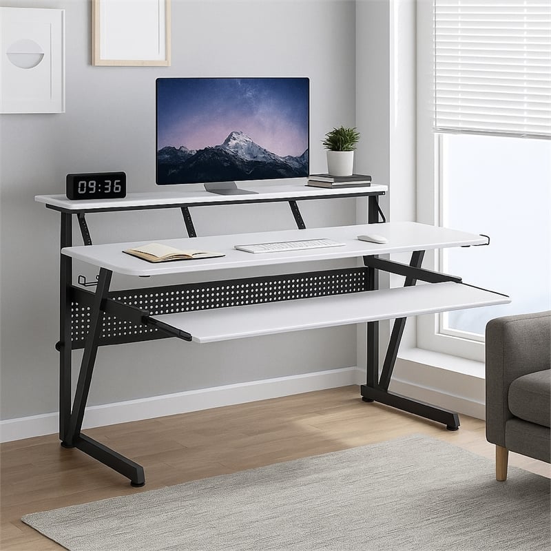 Vion 71 Inch Music Producer Desk for Computer- White- Keyboard Tray