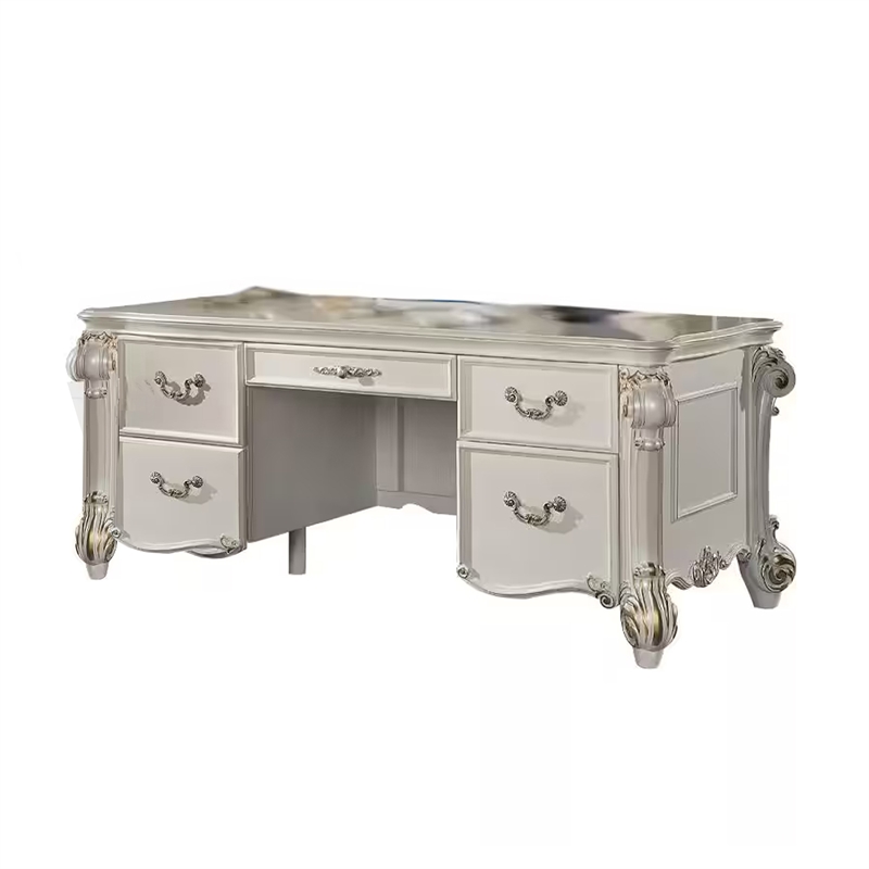 Antoine Home Office Desk- 5 Drawer- Pearl White Wood Gold- 74 Inch