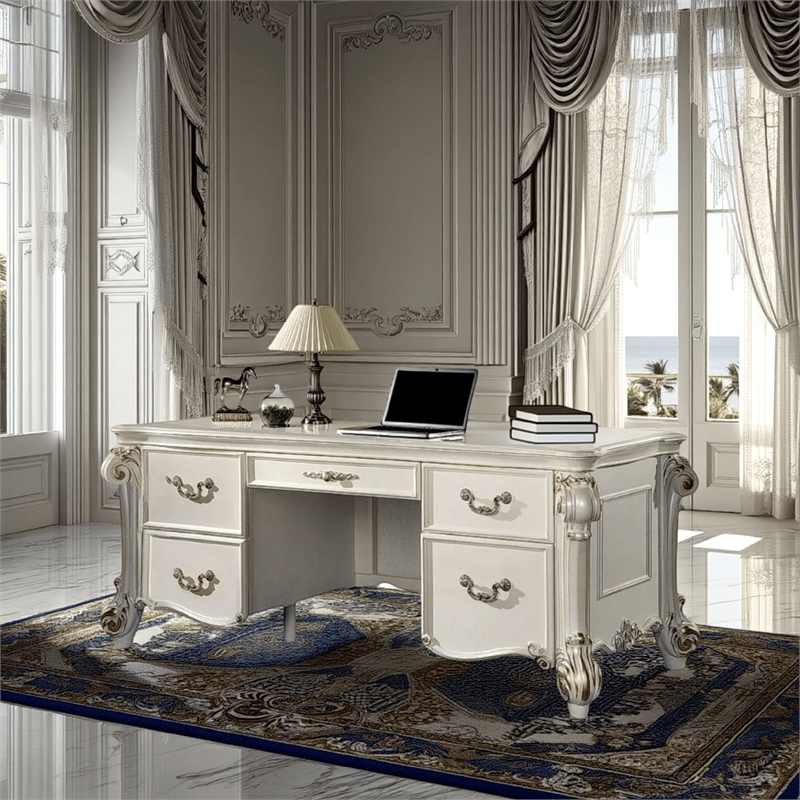 Antoine Home Office Desk- 5 Drawer- Pearl White Wood Gold- 74 Inch