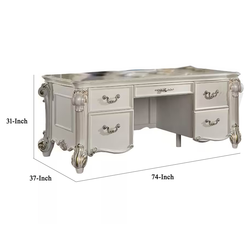 Antoine Home Office Desk- 5 Drawer- Pearl White Wood Gold- 74 Inch