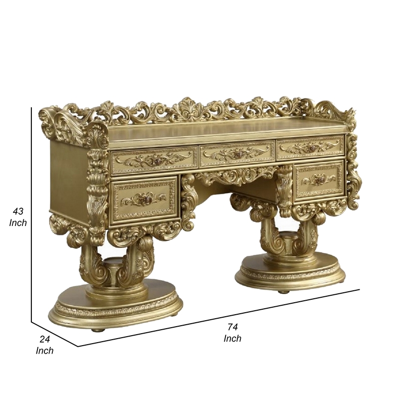 Rexx Vanity Desk with 5 Drawers and Ornate Carvings- 74 Inch Gold Wood