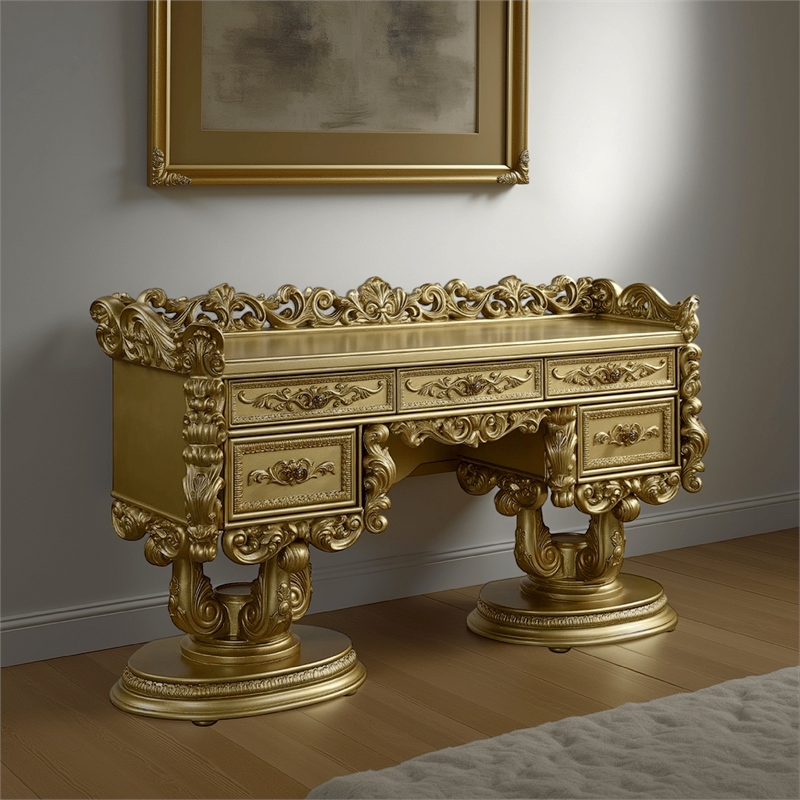 Rexx Vanity Desk with 5 Drawers and Ornate Carvings- 74 Inch Gold Wood