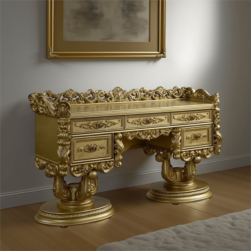 Rexx Vanity Desk with 5 Drawers and Ornate Carvings- 74 Inch Gold Wood
