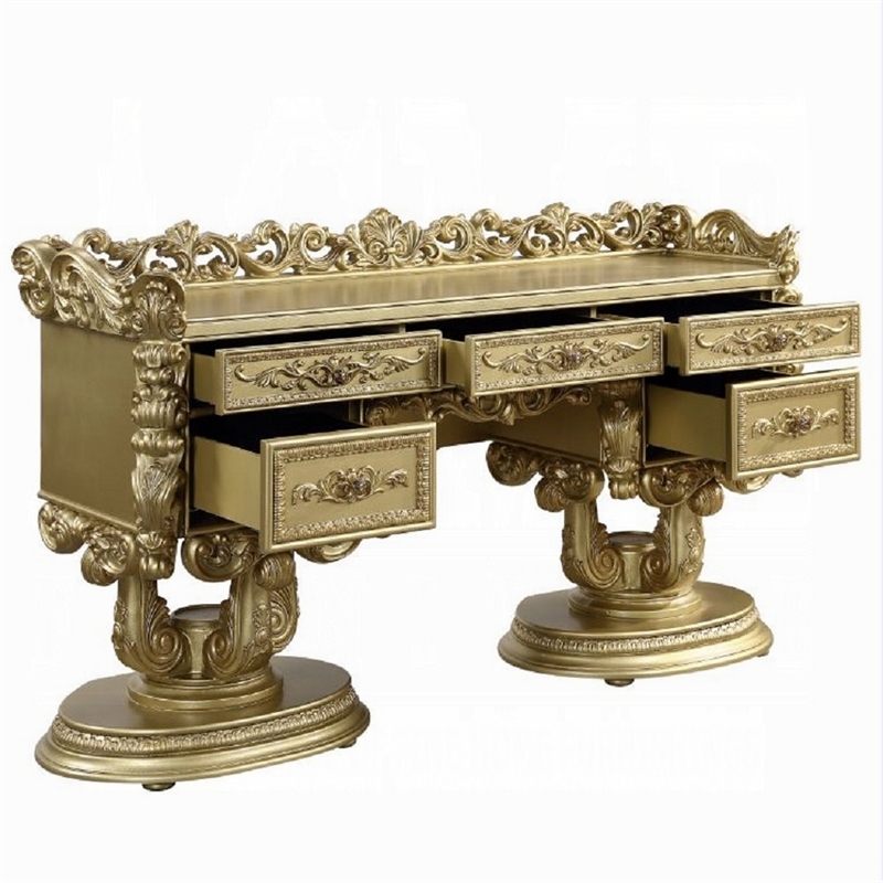 Rexx Vanity Desk with 5 Drawers and Ornate Carvings- 74 Inch Gold Wood