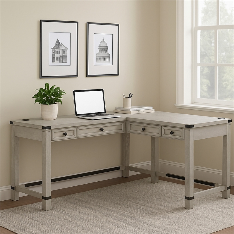 Gery L Corner Standing Sitting Desk with Lift Top- USB- White Wood