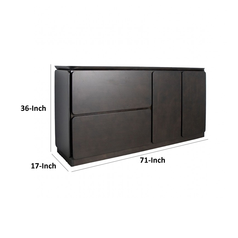 Ziva Sideboard Buffet Console- Drawers Doors- 71 Inch Black Solid Wood