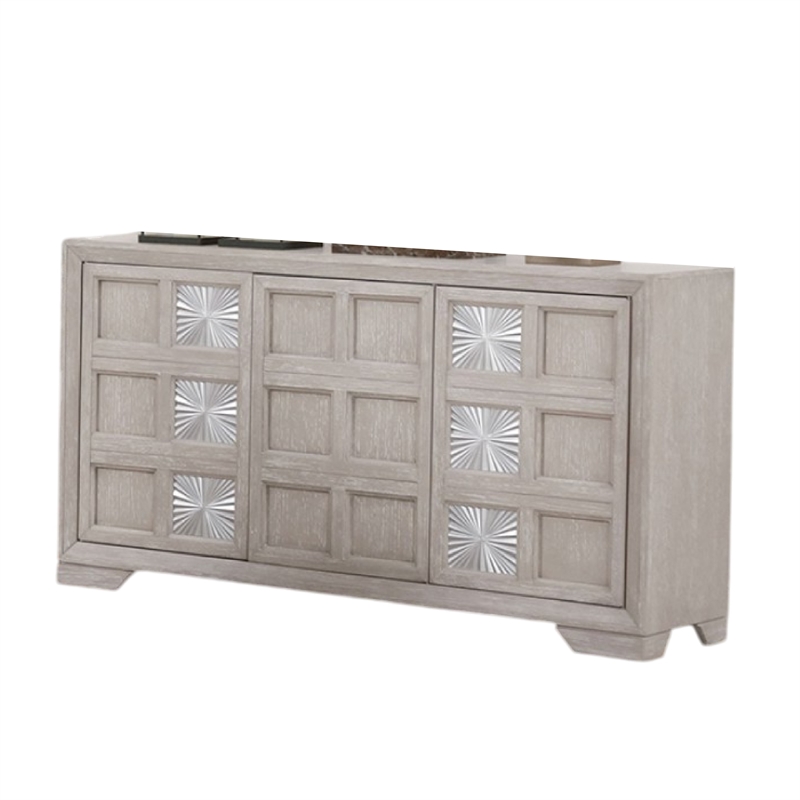 Diaz Sideboard Buffet Console- 3 Doors- Sunburst Pattern- Light Gray