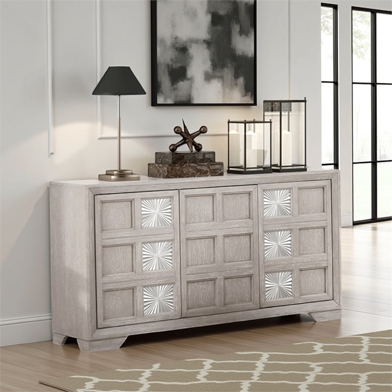 Diaz Sideboard Buffet Console- 3 Doors- Sunburst Pattern- Light Gray
