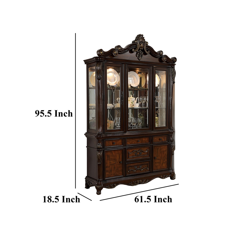 Zenie Buffet Cabinet and Hutch- Classic Carved- Cherry Brown Solid Wood