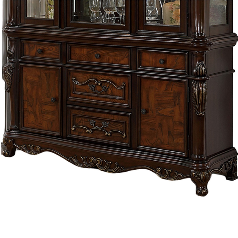 Zenie Buffet Cabinet and Hutch- Classic Carved- Cherry Brown Solid Wood
