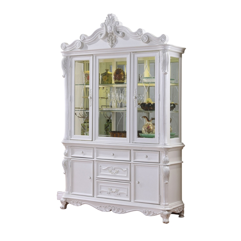 Zenie Buffet Cabinet and Hutch- Classic Carved Details- White Solid Wood