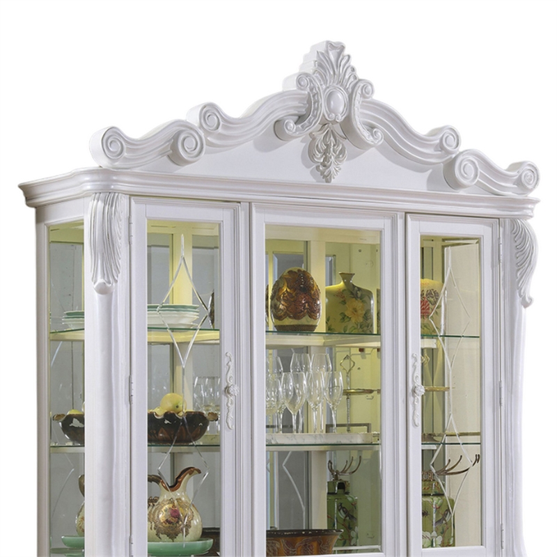 Zenie Buffet Cabinet and Hutch- Classic Carved Details- White Solid Wood