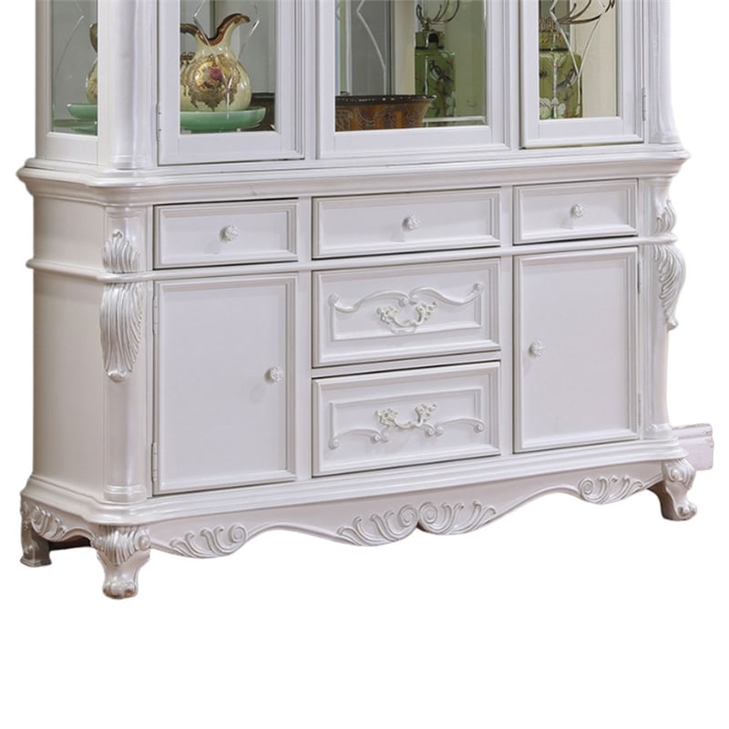Zenie Buffet Cabinet and Hutch- Classic Carved Details- White Solid Wood