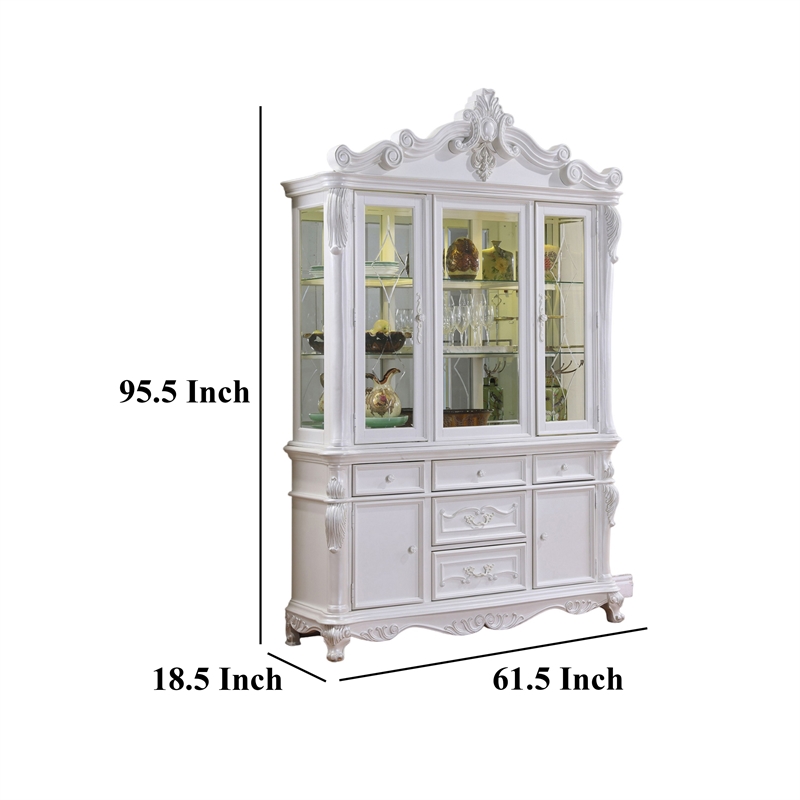 Zenie Buffet Cabinet and Hutch- Classic Carved Details- White Solid Wood