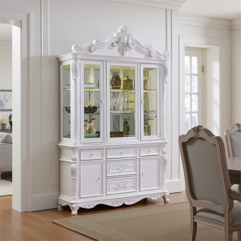 Zenie Buffet Cabinet and Hutch- Classic Carved Details- White Solid Wood