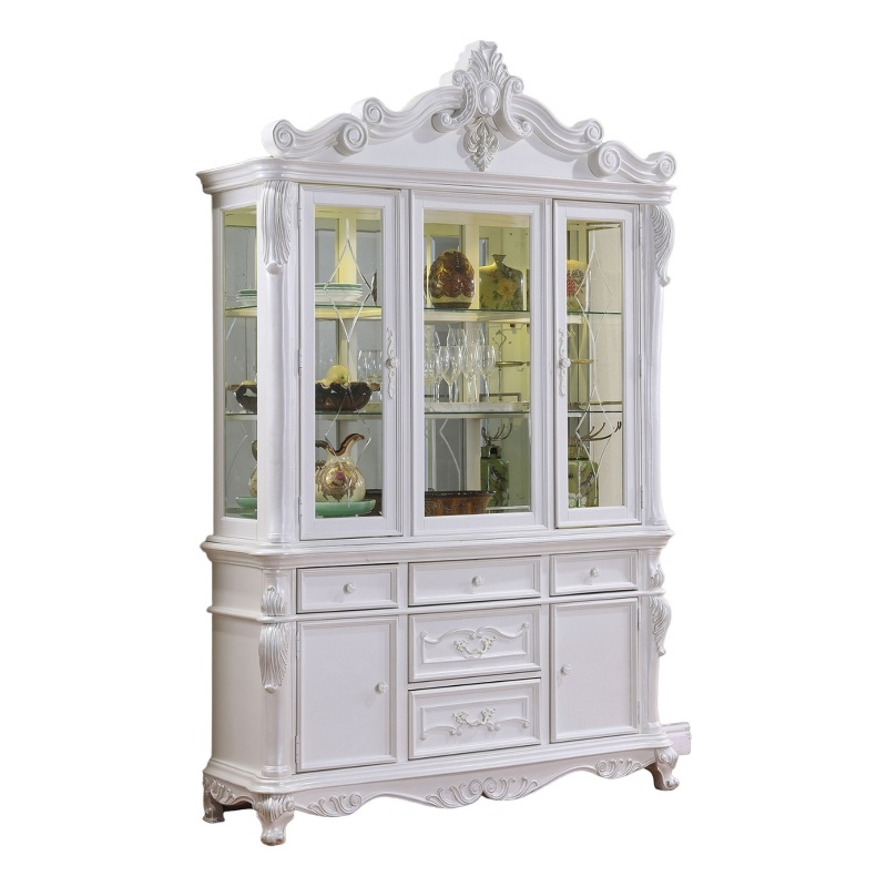 Zenie Buffet Cabinet and Hutch- Classic Carved Details- White Solid Wood