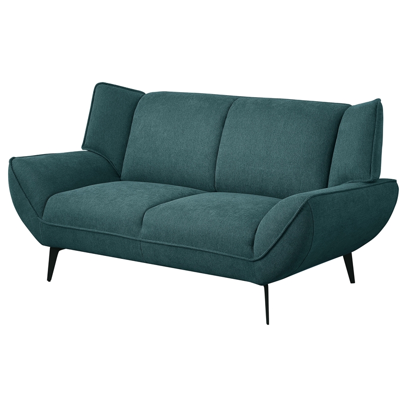 Toer 68 Inch Plush Loveseat-Flared Arms-Teal Blue Fabric-Black Metal