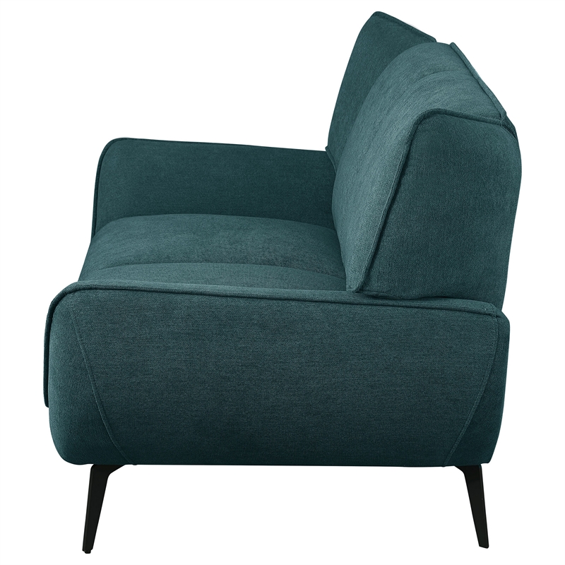 Toer 68 Inch Plush Loveseat-Flared Arms-Teal Blue Fabric-Black Metal