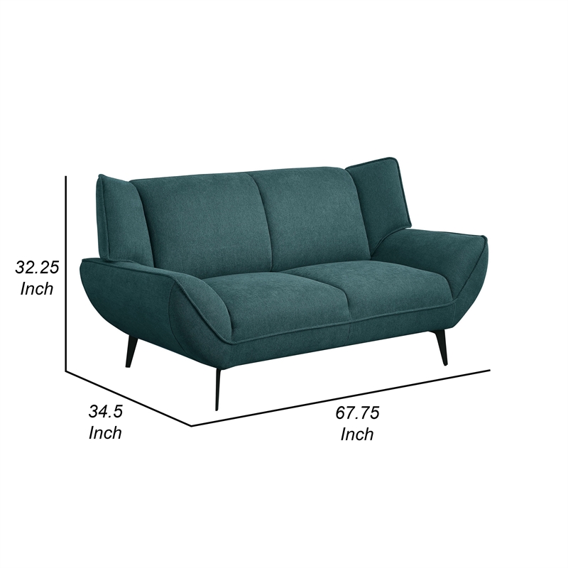 Toer 68 Inch Plush Loveseat-Flared Arms-Teal Blue Fabric-Black Metal