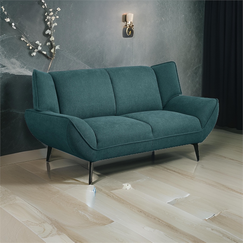 Toer 68 Inch Plush Loveseat-Flared Arms-Teal Blue Fabric-Black Metal