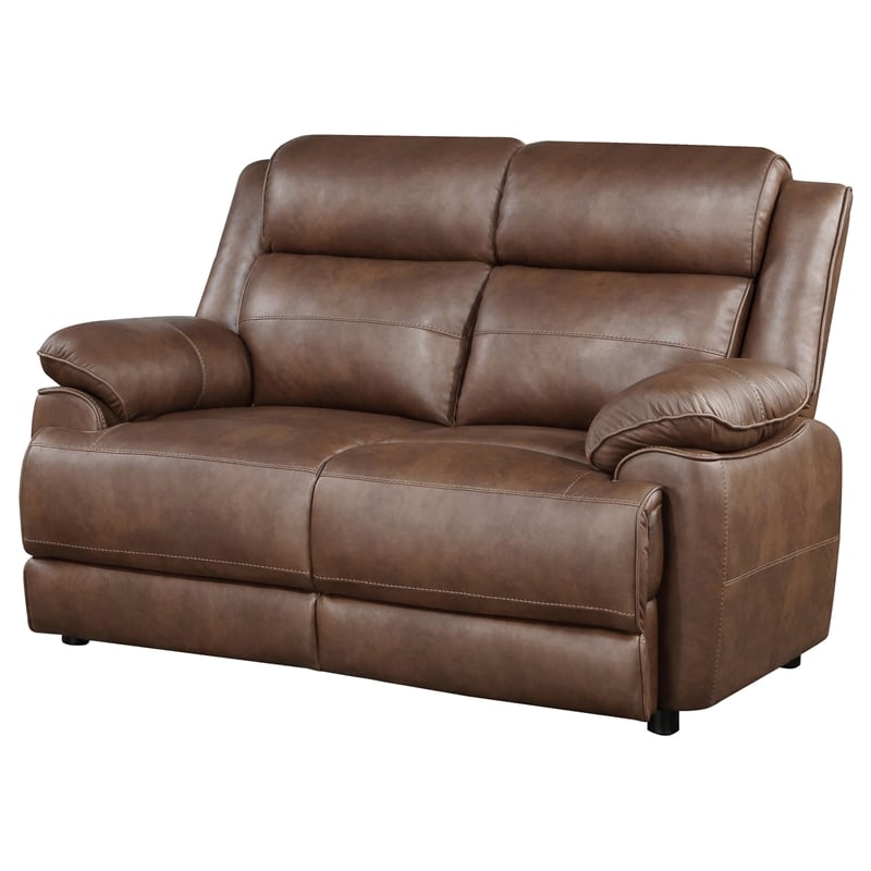 Ellen Loveseat-Brown Faux Leather-Foam Cushions-Pillow Top Arms-63 Inch