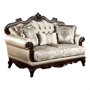 Vera Loveseat-Tufted Beige-Rolled Arms-Cherry Brown Solid Wood-70 Inch