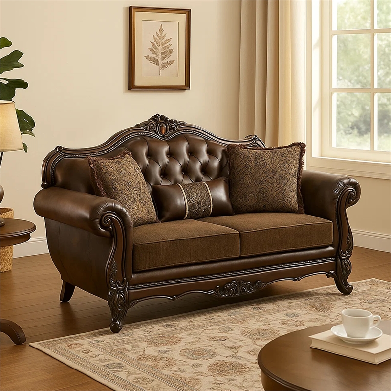 Sena Loveseat-Faux Leather-Rolled Arms-Cherry Brown Solid Wood-74 Inch