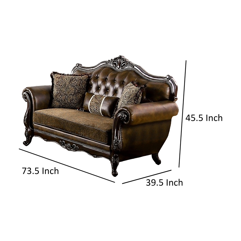 Sena Loveseat-Faux Leather-Rolled Arms-Cherry Brown Solid Wood-74 Inch