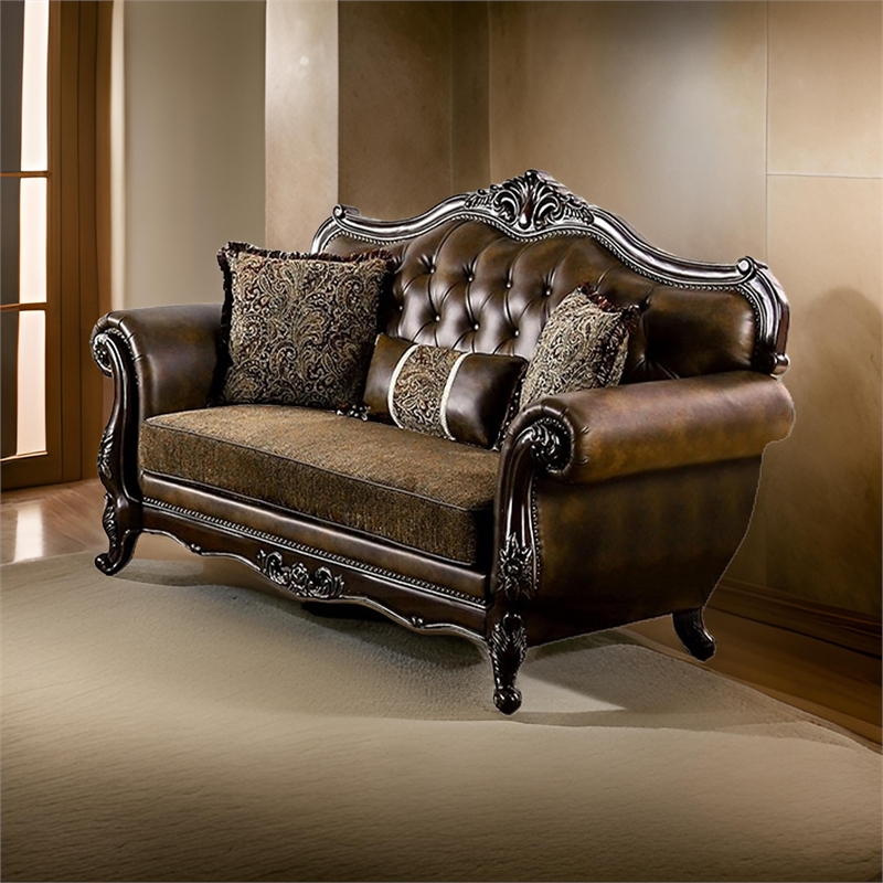 Sena Loveseat-Faux Leather-Rolled Arms-Cherry Brown Solid Wood-74 Inch