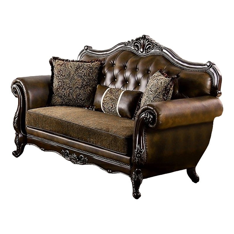 Sena Loveseat-Faux Leather-Rolled Arms-Cherry Brown Solid Wood-74 Inch