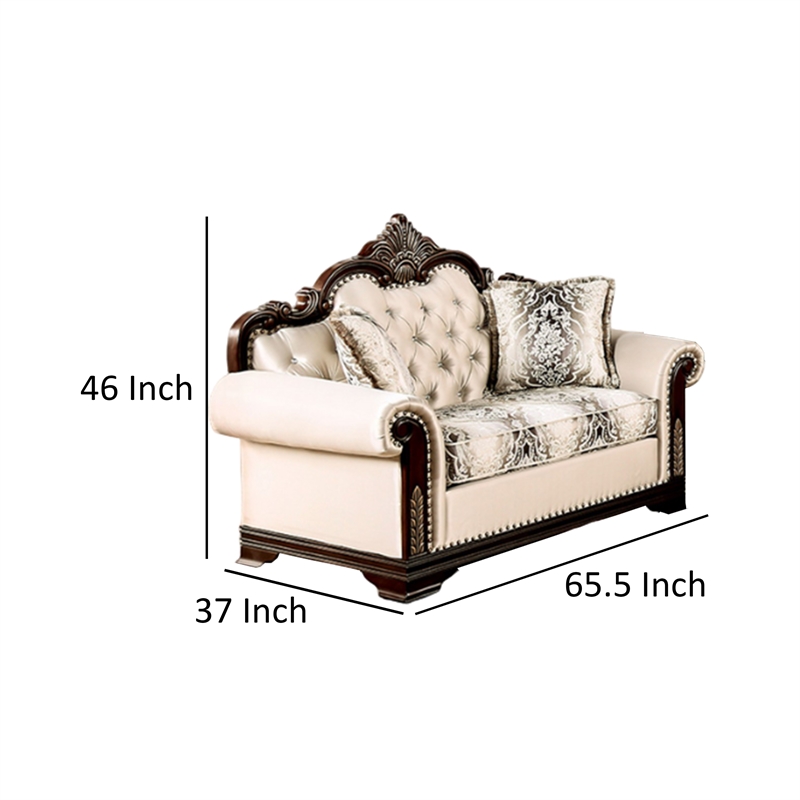 Catie 66 Inch Loveseat-Beige-Nailhead Trim-Cherry Brown Solid Wood