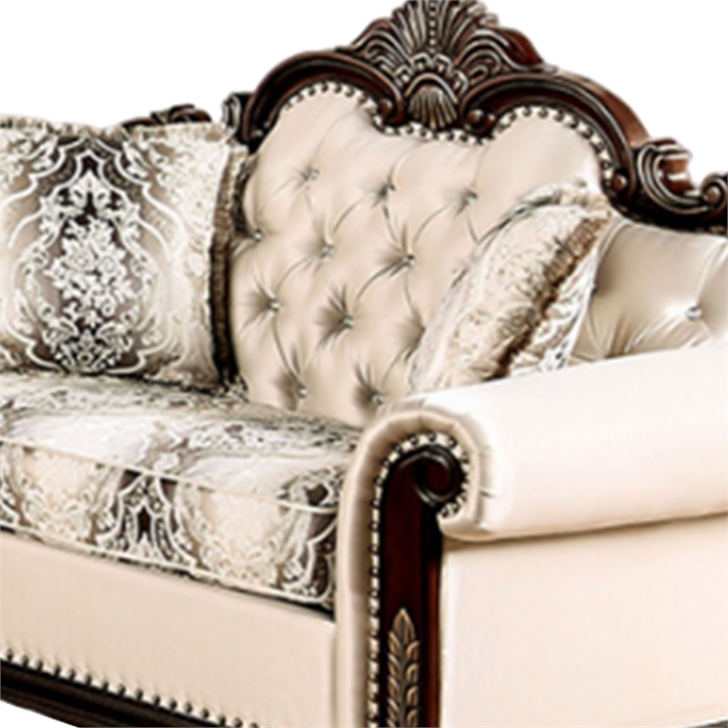 Catie 66 Inch Loveseat-Beige-Nailhead Trim-Cherry Brown Solid Wood