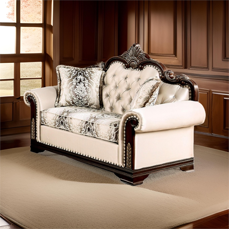 Catie 66 Inch Loveseat-Beige-Nailhead Trim-Cherry Brown Solid Wood