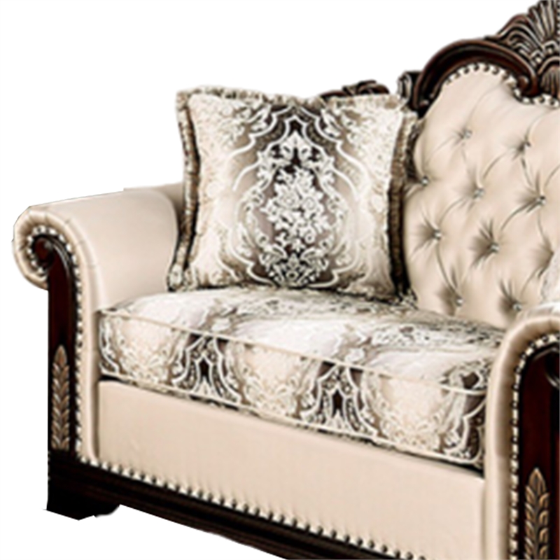Catie 66 Inch Loveseat-Beige-Nailhead Trim-Cherry Brown Solid Wood