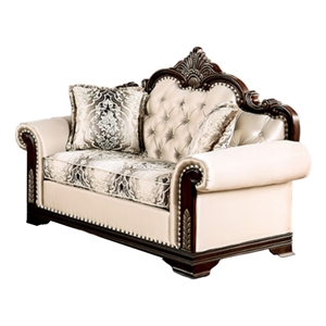 Catie 66 Inch Loveseat-Beige-Nailhead Trim-Cherry Brown Solid Wood