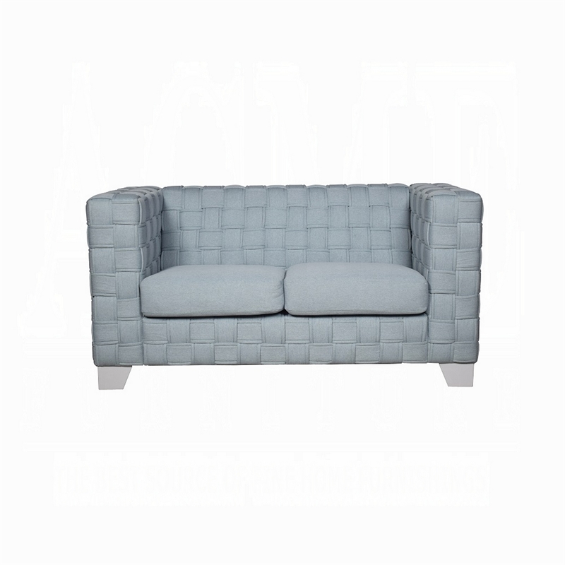 Reah Loveseat-Knitted Light Blue Chenille-White Wood Legs-63 Inch