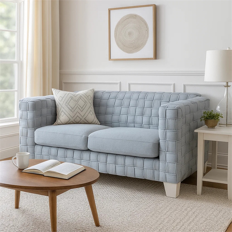 Reah Loveseat-Knitted Light Blue Chenille-White Wood Legs-63 Inch