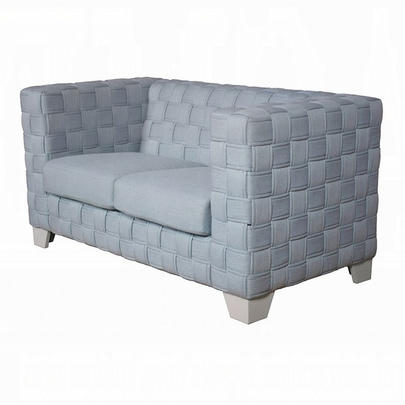 Reah Loveseat-Knitted Light Blue Chenille-White Wood Legs-63 Inch