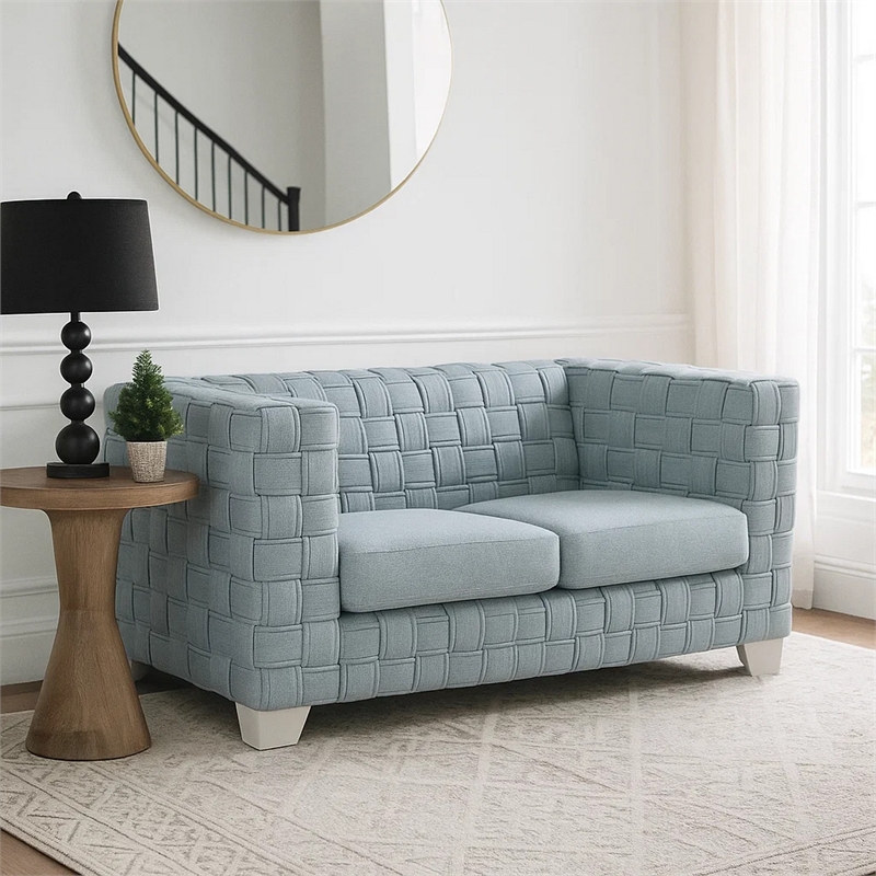 Reah Loveseat-Knitted Light Blue Chenille-White Wood Legs-63 Inch