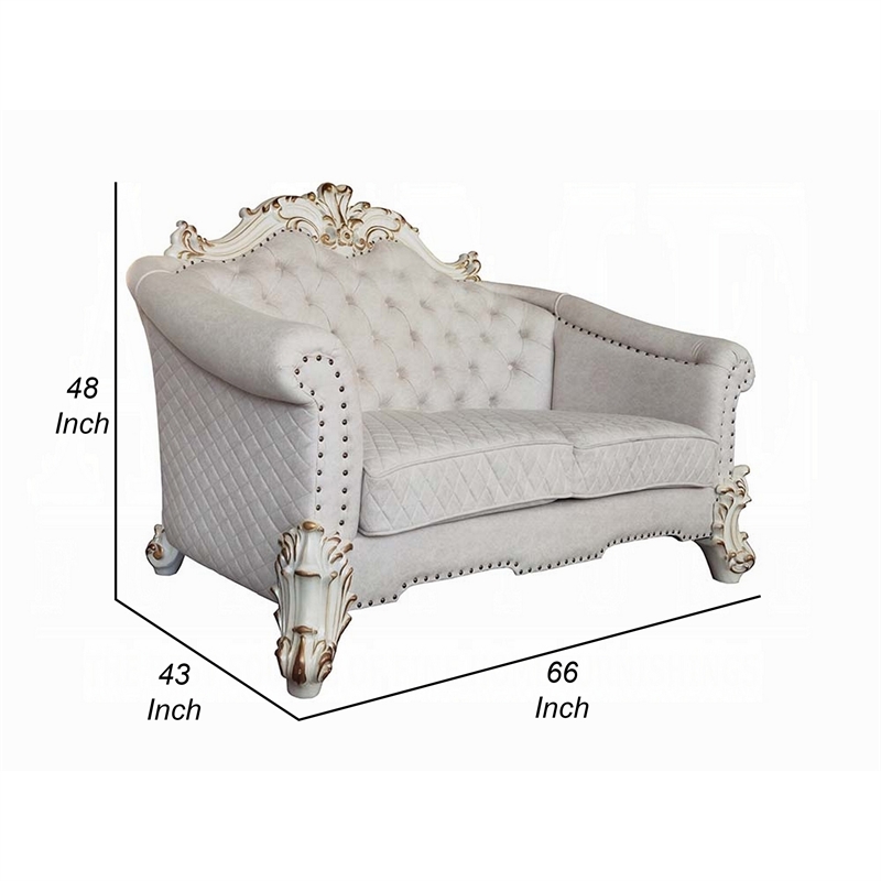 Antoine Loveseat-4 Pillows-Ivory Fabric Antique Pearl Wood-66 Inch
