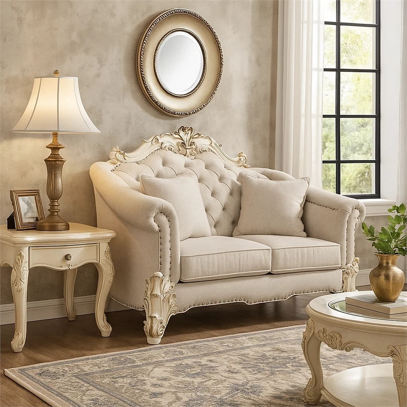Antoine Loveseat-4 Pillows-Ivory Fabric Antique Pearl Wood-66 Inch