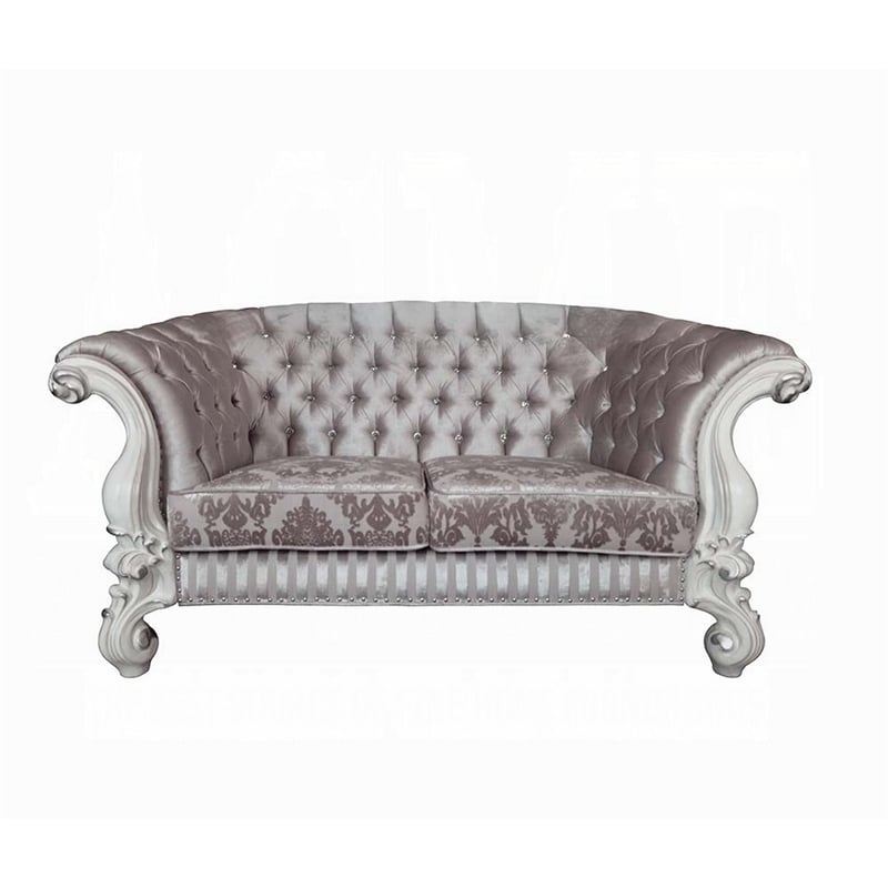 Kai Loveseat-5 Pillows-Tufted Ivory Fabric-Scrolled-White-76 Inch