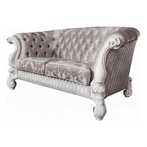 Kai Loveseat-5 Pillows-Tufted Ivory Fabric-Scrolled-White-76 Inch