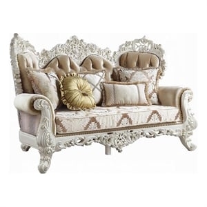 Kin Ornate Loveseat-5 Accent Pillows-Tufted Tan-Antique White
