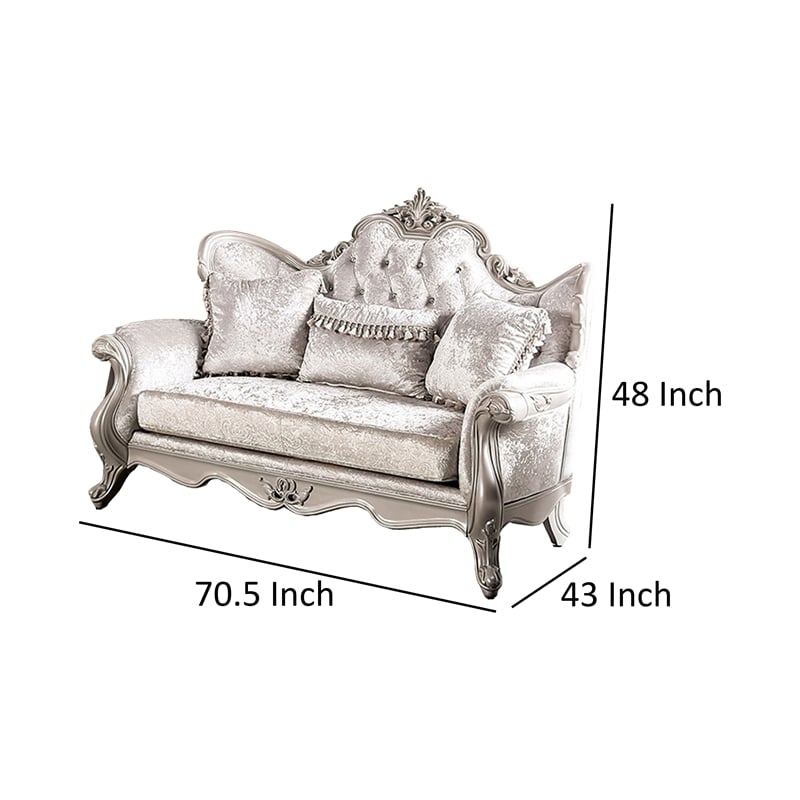 Paulo 71 Inch Loveseat-Carved Details-Silver Solid Wood