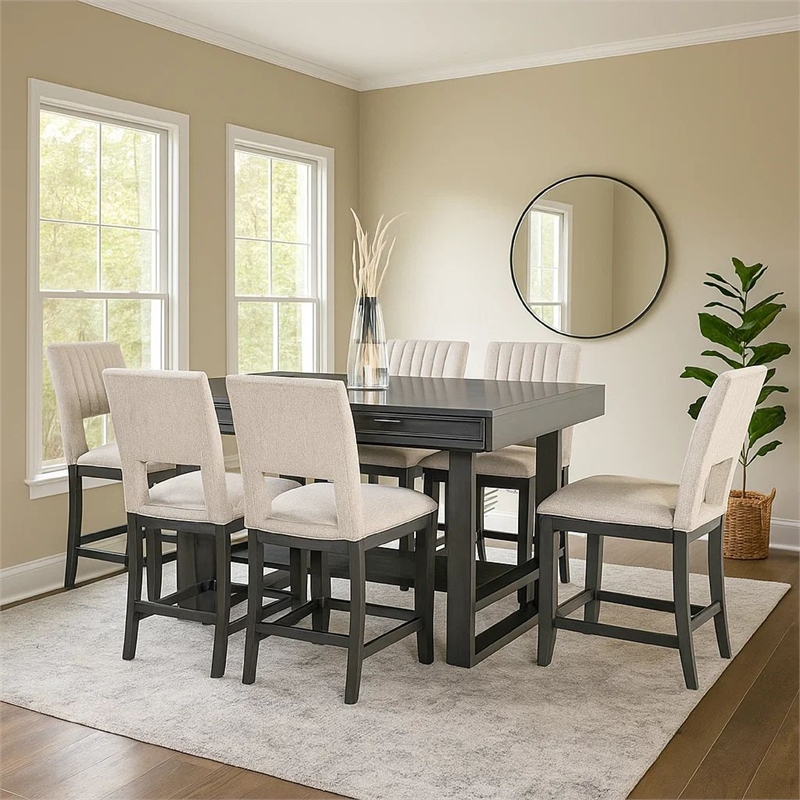 Manny Counter Height Table with Drawer-Trestle Base-Solid Wood-Gray