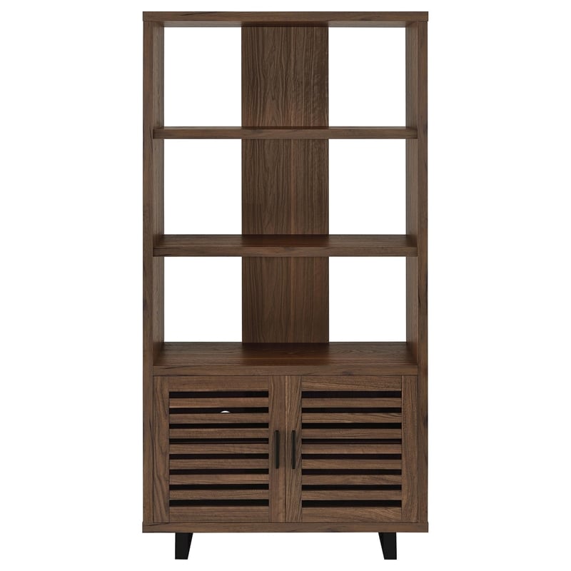 Doxx Bookcase-Slatted Cabinet-Black Open Frame Legs-Walnut Brown