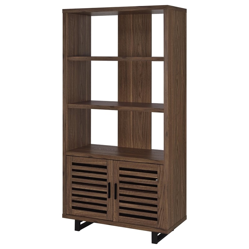 Doxx Bookcase-Slatted Cabinet-Black Open Frame Legs-Walnut Brown